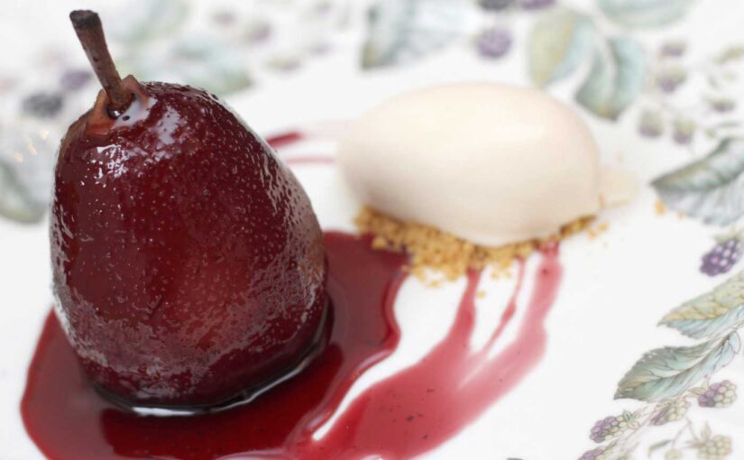 Poached Pears in Red Wine with Lemon Curd Ice Cream