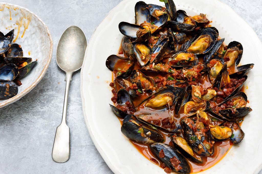 Mussels, Crispy Chorizo and Puttanesca Sauce