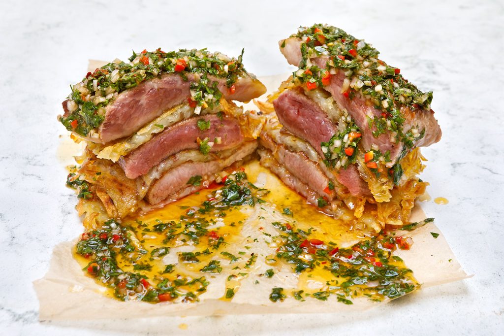 Secreto Ibérico and Rosti Potato Tower with Chimichurri Sauce